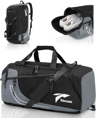 Tolaccea Sporttasche Herren Rucksackfunktion Groß 45L Sportrucksack mit Schuhfach Nassfach, Reisetasche Damen für Fitnessstudio Sauna Fussball Schwimmen Gym（Grau）