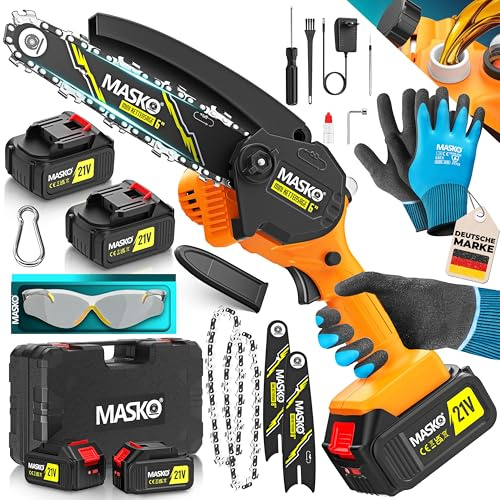 MASKO® Mini Kettensäge 800W, 6 Zoll, 8000mAh Akku | Elektrische Motorsäge mit Automatischem Ölsystem | Handkettensäge für Astschnitte & Holzarbeiten | Inkl. Koffer, 2x 4000mAh Akkus & 2x Ersatzketten