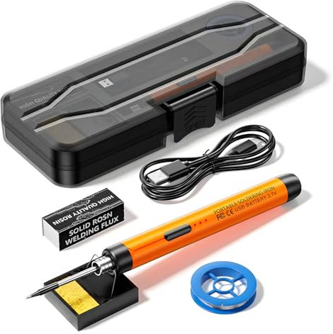 Cordless Soldering Iron Kit, Rechargeable USB Soldering Iron, Portable Soldering Irons 800mAh Welding Kit, Adjustable Temperature 300℃ - 450℃, Electric Soldering Irons Pen for Repairing (Orange)