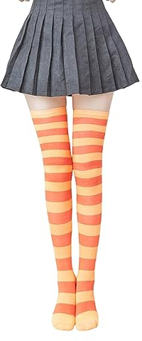 QUEENYARD Calcetines largos de poliéster para mujer, hasta el muslo, por encima de la rodilla, color negro y blanco, calcetines cálidos, Naranja y amarillo, Talla única