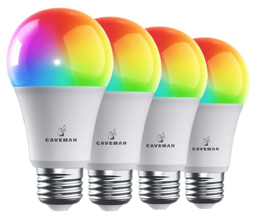 Caveman Matter & WiFi A19 Smart LED Light Bulb, RGBW Color Changing, Tunable Warm & Cool White 800LM (60W Equivalent) – Alexa, Google Home, Apple Home Bulb (4pk)