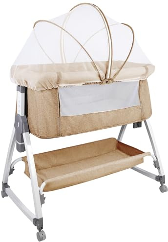 HUOLE 3-i-1 barnsäng upp till 30 kg, sängsäng, gungbarnsäng, madrasshöjd- och lutningsjustering, 4 hjul med broms, ergonomisk madrass, väska-80 x 40 x 100-115 cm-benvit
