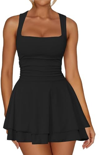 Hanaoops Damen Sexy Kurzes Kleid Mit Quadratischem Ausschnitt - Ärmelloses Figurbetontes Minikleid Mit Spaghettiträger Und Rüschen - Enges Bodycon Tank Kleid Für Club Party Abend - Schwarz