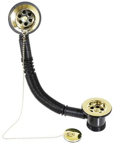 SPARES2GO Kit tubo di troppopieno flessibile in ottone dorato e catena per vasca da bagno (40 mm 1 1/2)