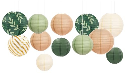 Aobkiat Papier Lampions Party Deko,12 Stück Papierlaternen,Grün,Braun Lampions für Brautparty,Babyparty,Geburtstag,Hochzeits