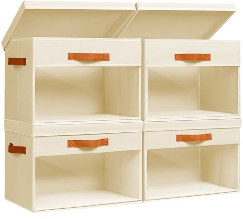Homsorout Large Storage Bins with Lids - 4 Pack Foldable Decorative Organizers with Clear Windows & Handles, Cube Storage Organizers for Clothes, Blankets, Sweaters, Sheets, Beige
