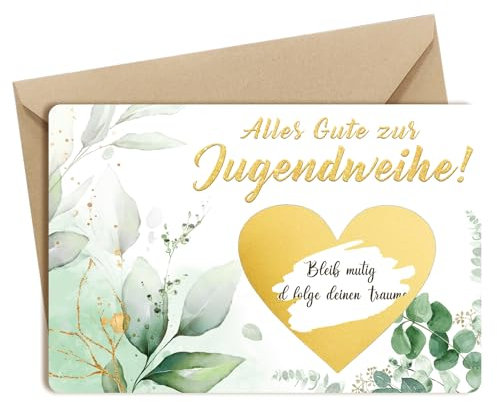 Happirra 3 Pcs Jugendweihe Karten, Glückwunschkarte Jugendweihe Geschenke Junge Mädchen, Eukalyptus Karten mit Rubbelaufkleber Umschlag Verpackung Set - Alles Gute zur Jugendweihe
