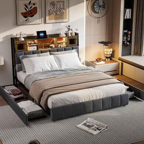LIVLUX Lit 160x200 avec Sommier LED et USB,lit Double rembourré avec sommier à Lattes et 4 Tiroirs,Tete de Lit avec Rangement,pour Adultes et Adolescents,Lin (160 x 200 cm A) (Gris, 160 x 200 cm)
