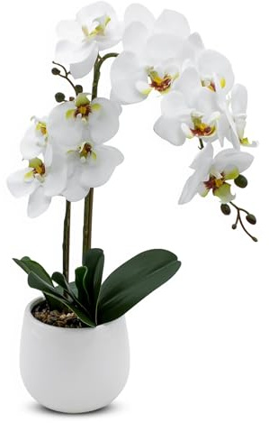 Spetebo Real-Touch Orchidea artificiale in vaso di fiori bianco – 50 cm – Orchidea decorativa in seta con vaso in ceramica – Decorazione da tavola Pianta artificiale per interni Pianta in vaso