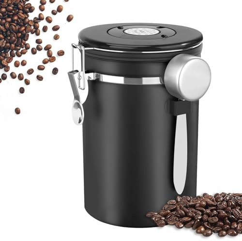 NUWIQ Bote para Café,1,8L Bote de Café HerméTica de Acero Inoxidable, Cafe Hermetico, para Almacenar Granos de Café té Nueces Cacao, Negro