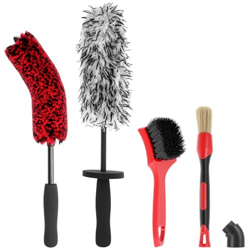 QWORK Kit di 4 spazzole per ruote auto, con manico lungo pieghevole, spazzola in microfibra, spazzola per pneumatici, spazzole per dettagli con connettore curvo per la cura dell'auto