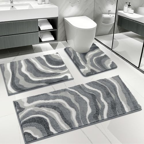 Enyhom Bathroom Mat Sets 3 Piece, Microfibre Shaggy Grey Bath Mat Set, Super Absorbent Bath Rug with U-Shaped Toilet Rug, Non Slip Washable Pedestal Mats for Toilet Soft Thick Bathroom Carpet Set