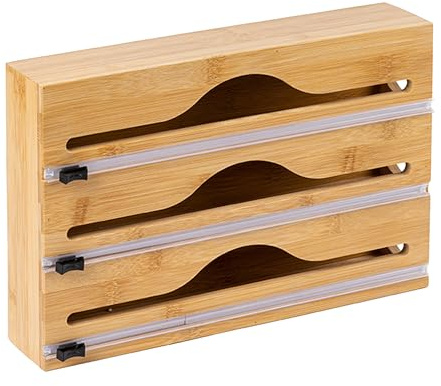 Dispensador de Papel Film Relaxdays, 3 Rollos, cajón, bambú, 22 x 33,5 x 7 cm, Cortador para Cocina, Soporte para Film.