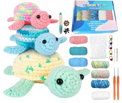 Generico Kit all'uncinetto per principianti - Kit di animali all'uncinetto per la famiglia di 3 tartarughe, set fai-da-te facile da lavorare a maglia per principianti, adulti, bambini ed appassionati