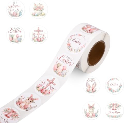 Tinoaly 500st Påskdekaler, 38mm Rulle med Glad Påskdekaler Självhäftande Inspirerande Kristna Dekaler Etiketter med Blommigt Ägg Kors Kanin Klocka för Religiösa Festtillbehör