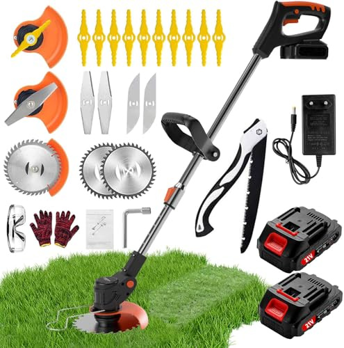 Desbrozadora Batería, Desbrozadora Eléctrica Viene con 4 Cuchillas Diferentes, Desbrozadora con batería y Cargador, Cortabordes Bateria es Adecuada para Jardines Domésticos y Céspedes