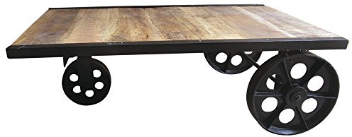 HUBERT Industrial Platform Trolley Mobile Display Fixture Black Iron and Wood - 39 L x 23 1/2 W x 13 1/4 H