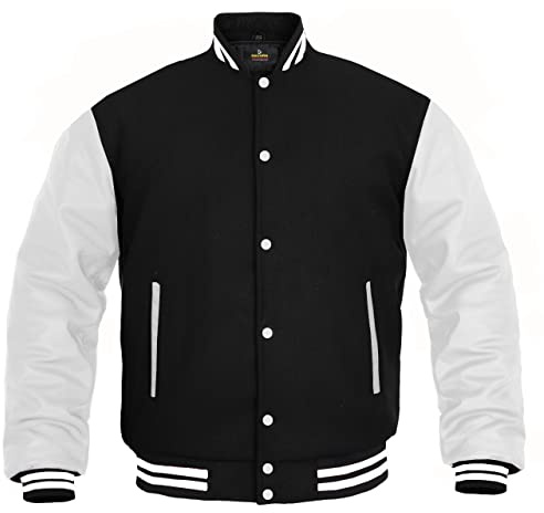 Women Varsity Jacket Genuine Leather Sleeve and Wool Blend Letterman Ladies Girls College Varsity Jackets (Black/White, X-Large)