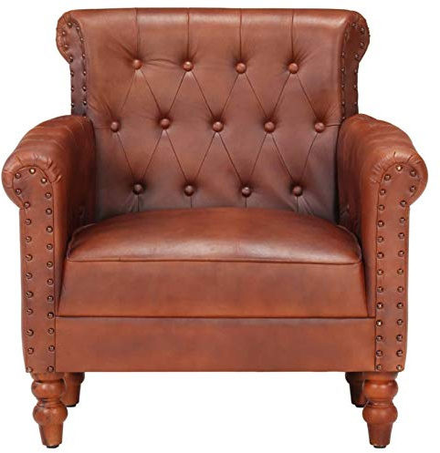 Poltrona Marrone in Vera Pelle di Capra, Sedia con Schienale Alto e Braccioli, 77 x 63 x 76 cm, Pelle di Capra e Legno di Mango, per Soggiorno e Ufficio