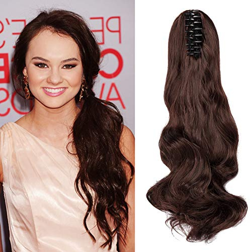 Cybelleza Haar Extensions Zopf Haarteil Clip in Ponytail Claw Pferdeschwanz Haarverlängerung günstig wie Echthaar Gewellt Lockig Kunsthaare Lang Voluminös Ombre(Dunkelbraun&Dunkles Kastanienbraun)
