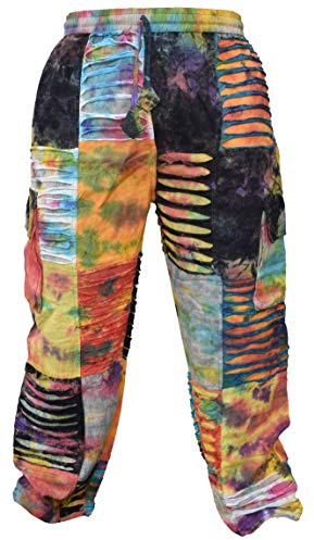 Gheri Mens Tie Dye Patchwork Razorcut Hippie Cargo Lounge Pants Large