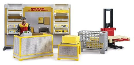 bruder 62251 - bworld Negozio di pacchi DHL con dipendenti DHL, servizio pacchi, logistica, spedizioni