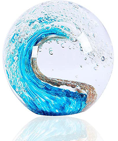 EUSTUMA Handgeblasene Glasfiguren, Kugel, Ozeanwellen, Büro-Briefbeschwerer, Glas für Schreibtisch, Dekoration, Sammlerstück, Aquarium-Dekoration, Bürodekoration