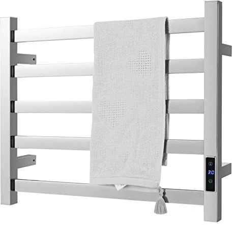 COSTWAY Scaldasalviette Elettrico Plug-in a Parete, con Timer Controllo della Temperatura e Display a LED, Portasciugamani Impermeabile Riscaldato per Bagno in Acciaio