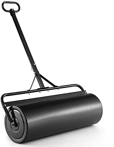 TANGZON 63L/113L Garden Lawn Roller, Water Sand Filled Outdoor Grass Roller with Removable Drain Plug & Scraper Bar, Heavy Duty Metal Lawn Push Rolling Tool, 30/40CM Diameter (99 x 30 x 137cm, Black)
