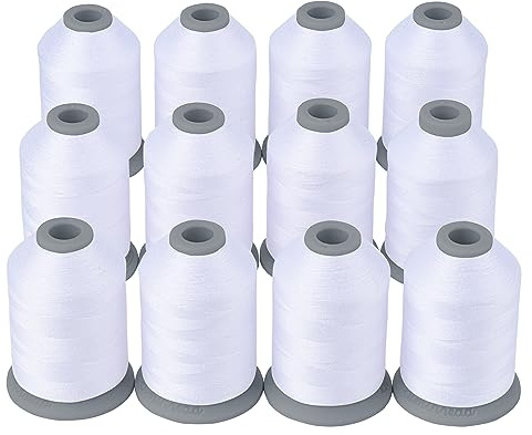 Simthread Filo da cucito per tutti gli scopi, 12 bobine di filo in poliestere 40D/2, per cucito, trapuntatura e macchina da cucire, pratici fili in poliestere per macchina da cucire (12 bianco)