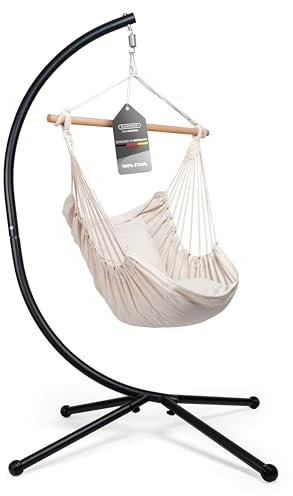 Rundwerk® Hängesessel mit Gestell - All Inclusive mit 2 Kissen - für Indoor & Outdoor ideal für Balkon & Garten - Hängestuhl - Hängesitz - Hängeschaukel - Hängematte- Schaukeltuch - Beige