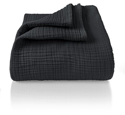 LAYNENBURG Premium Musselin Tagesdecke 180x220 cm - 100% Baumwolle - extraweiche Baumwolldecke als Kuscheldecke, Bett-Überwurf, Sofa-Überwurf, Couch-Überwurf - warme Sofa-Decke (Anthrazit)