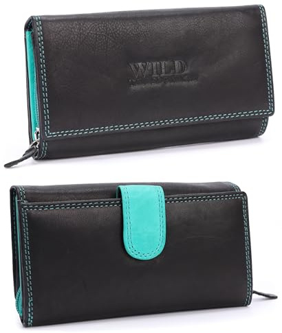 irisaa Damen Leder Wild Geldbörse, Portemonnaie Lang Geldbeutel,RFID Schutz 21 Kartenfächer, Brieftasche Groß, Vintage Design Used Look, Damen Tasche:Schwarz Seagrün