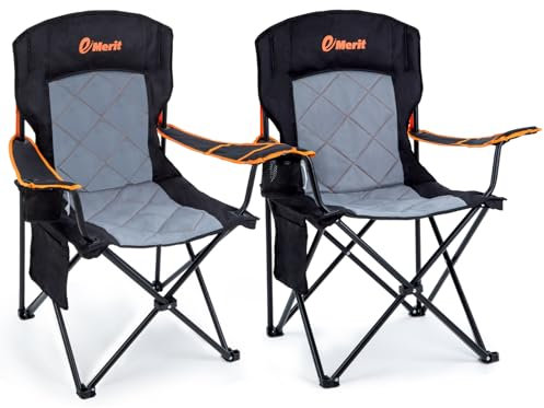 EMERIT 2 Pack Oversized Padded Camping Chair, 350LB Heavy Duty Quad Fold Chair with Arms, Collapsible Outdoor Chairs with Lumbar Back & Cup Holder