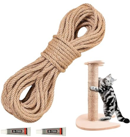 Corde en sisal naturel de 20 m avec 2 colles, corde épaisse pour griffoir, corde en sisal naturel pour chat - Corde en sisal naturel pour remplacement ou récupération de poteau à griffer