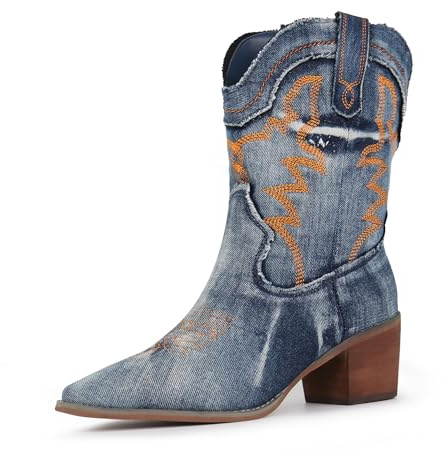 Hawkwell Women's Cowboy Cowgirl Western Boots Embroidered Stitched Ankle Boots Classic Pointe Toe Low Chunky Heel Rodeo Short Booties,Blue,11