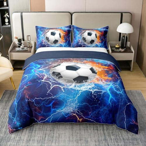 Loussiesd Kinder Soccer 100% Baumwolle Bettwäsche Set 155x220cm Fußball in Feuer und Wasser Betten Set für Jungen Mädchen Ballspiel Atmungsaktiv Bettbezug Set Zimmer Dekor