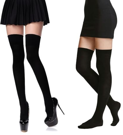 MAKI FASHIONS 2 Pairs Over the Knee Socks for Women - Soft & Stretchy Cotton Black Thigh High Socks for Fashion, Sports and School Uniform