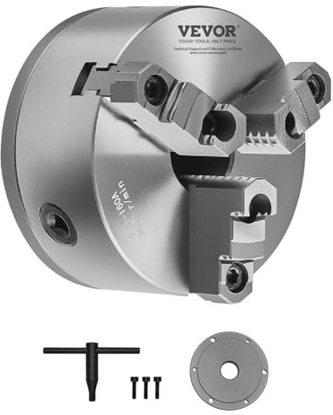 VEVOR 3-Jaw Lathe Chuck, 6 Inch (160 mm), Self-Centering Chuck with 1 1/2 in-8 Threaded Backing Plate, 0.12-5.71 in (3-145 mm) Clamping Range with T-wrench Screws, HT300 Material, for Wood Metal Lathe