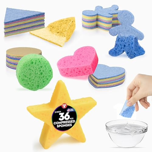 Hygloss Compressed Sponges for Crafts - 36 Pack 2” Assorted-Shaped Sponges - Expanding Paint Sponge Shapes for Kids - Art Sponges for Painting, DIY Crafts, Sensory Water Play & More - Assorted Colors