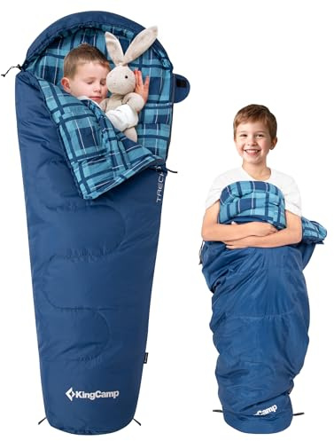 KingCamp Kids Sleeping Bag Cotton Flannel, Warm and Comfortable Children’s Mummy Sleeping Bags 6-12 Years (up to 100-145cm), Camping Essentials for Travel and Outdoor Activities in Winter(Blue Check)