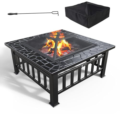 VOUNOT® Brasero Exterior para Jardín y Terraza, 3 en 1 Metal Fire Pit, Pozo de Fuego con Protector de Chispas, 81 x 81 x 45 cm