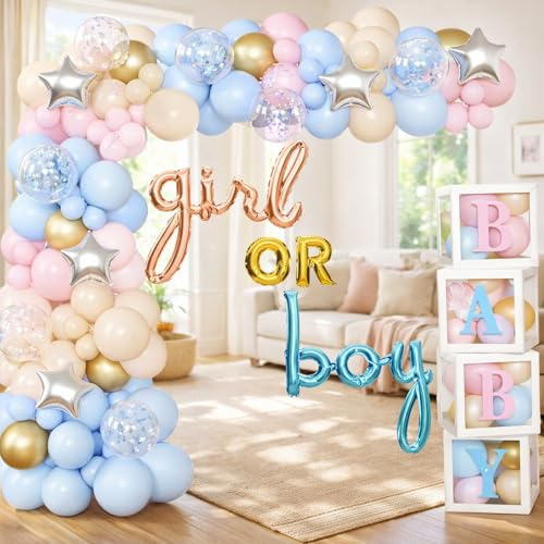 Juego de 159 cajas de globos, color rosa y azul, incluye 4 cajas de globos, decoraciones de ducha para niños o niñas, fiesta de género