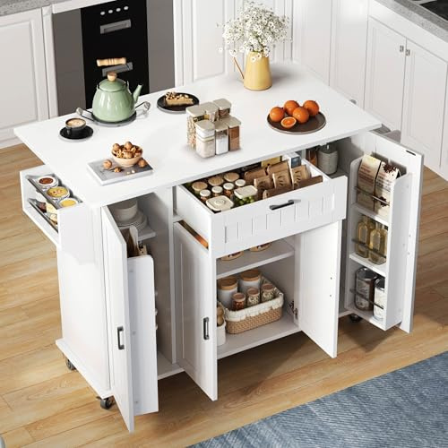 Bladez modern Kücheninsel mit klappbarer Arbeitsplatte 120 cm, Küchenwagen auf Rollen mit 4 Türen & Schublade, Gewürzregale, Handtuchhalter, mobiler Küchenschrank aus MDF, Weiß