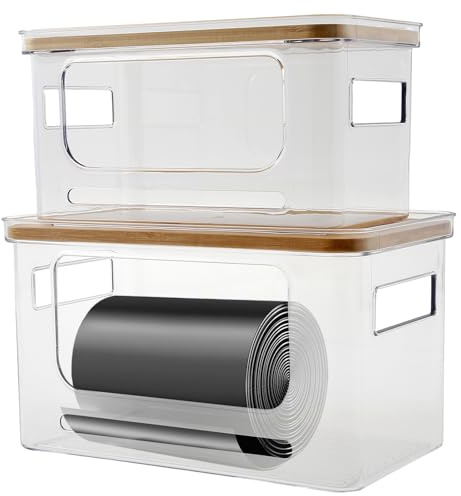 2Pcs Stackable Bag Dispenser with Bamboo Lid & Dual Handles, Extra Large Bin Liner Dispenser Holder for Kitchen Cabinet Laundry Room Pantry, Garbage Bag Organizer Stand(Small + Medium Size)