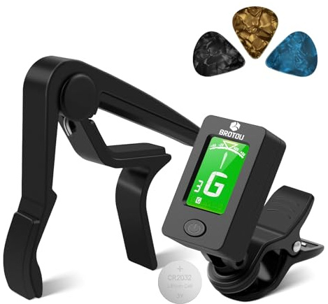 BROTOU Guitar Tuner and Capo Set, Clip-On Digital Tuner with LCD Display, Quick-Change Aluminium Capo for Acoustic Guitar, Electric Guitar, Bass, Violin, Ukulele, Includes 3 Picks