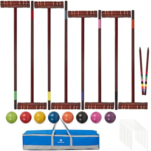 SpeedArmis Croquet Set for Adults - 8 Players Croquette Kit with 35In Deluxe, 32In Regulation Size Rubber Wood Mallets, Colored PE Ball, Wickets, 24In End Stakes, Lawn Backyard Game for Families