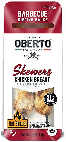 Oberto Fully Cooked Seasoned BBQ Chicken Breast Skewers, 4 Ounce - 30 per case.
