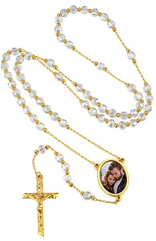 FindChic Kette für Herren Damen Auto Rosenkranz Kommunion Halskette Perlen Katholische Kreuz Anhänger Edelstahl Personalisierte Kette mit Bild Gold