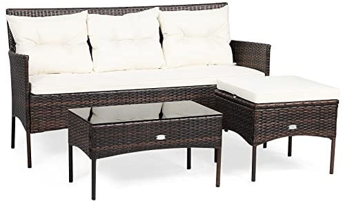 COSTWAY 4 Seater Rattan Garden Furniture Set, Patio Conversation Set with Cushioned Sofa, Ottoman and Tempered Glass Table, All-Weather Wicker Outdoor Corner Sofa Set for Balcony Lawn Yard (Off White)
